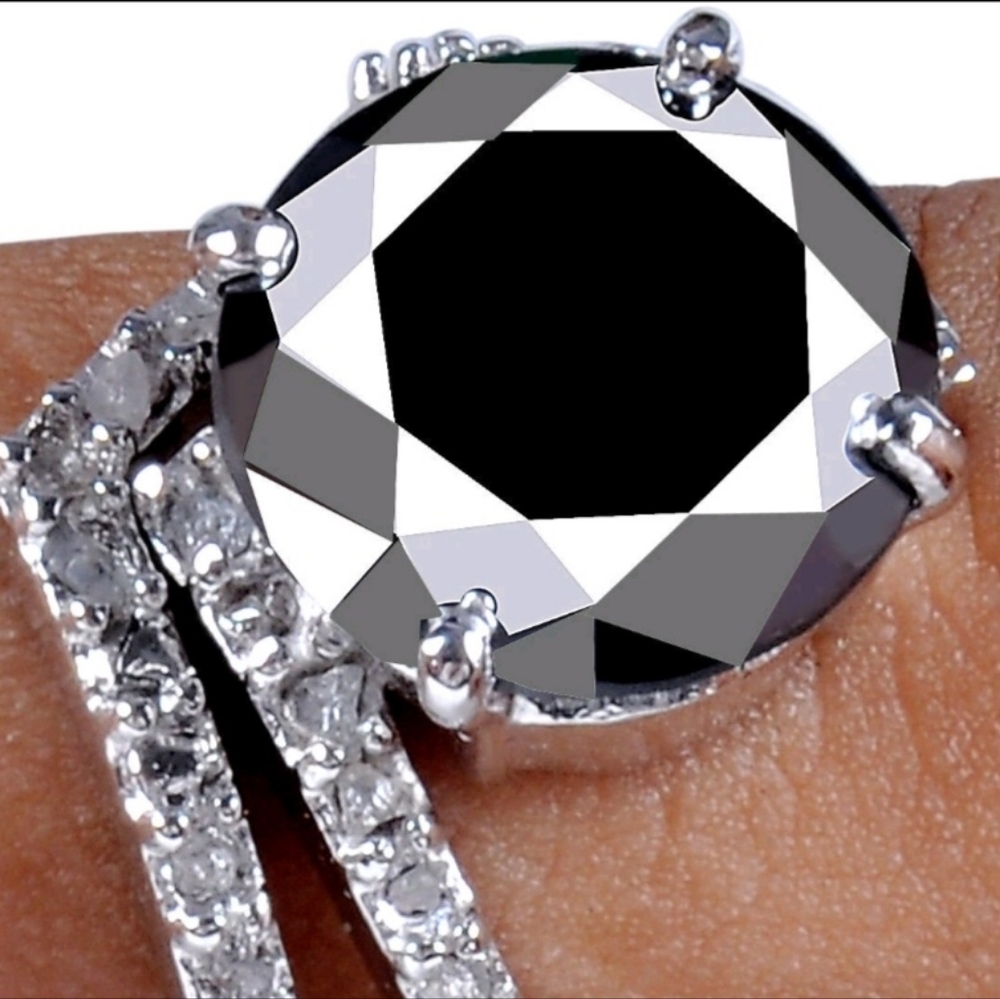 Natural Black Mossinate Diamond Sterling Silver Ring Set